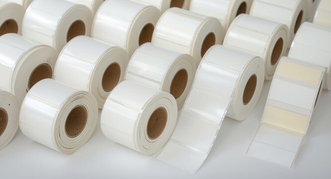 Separated rolls of white labels on adhesive backing for thermal transfer print applications