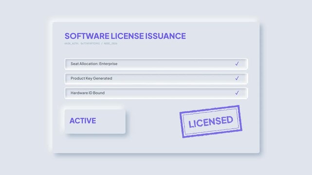 Illustrative interface showcasing the secure digital software license issuance and activation workflow, detailing validation, key generation, and hardware binding steps leading to a licensed product