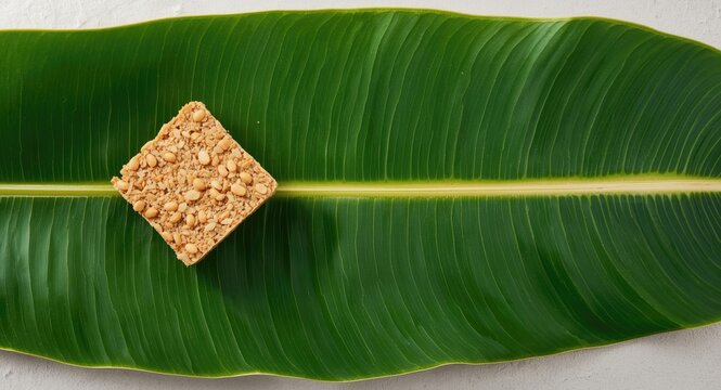 Uncooked tempeh cake of raw soybeans on natural banana leaf copy space