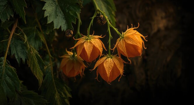Ripening Physalis peruviana fruits enclosed in husks on a green leafy shrub with dark contrasting backdrop