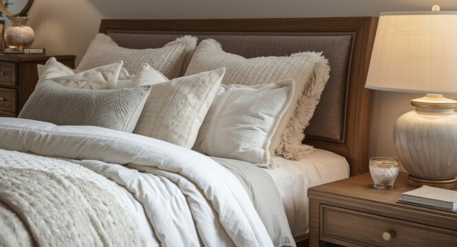 Stylish bedroom arrangement with layered pillows on a bed and illuminated bedside table