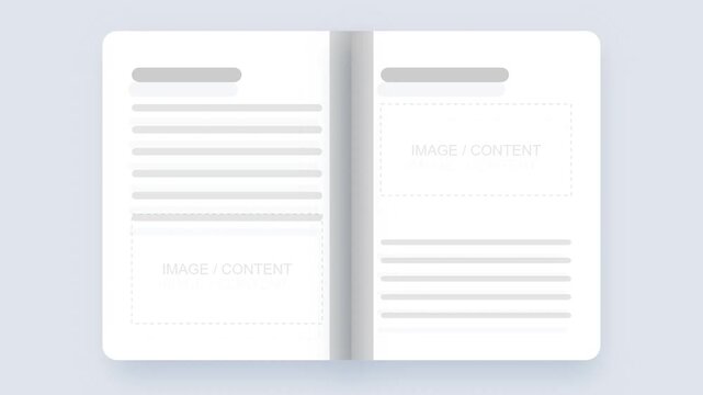 Modern minimalist open book layout featuring placeholder text and content areas, ideal for showcasing digital publishing design, brochure mockups, or website wireframes