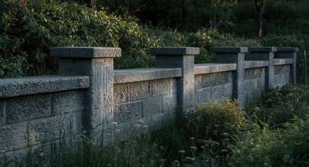 Precast concrete block wall with grey interlocking textured blocks and square caps in peaceful natural surroundings