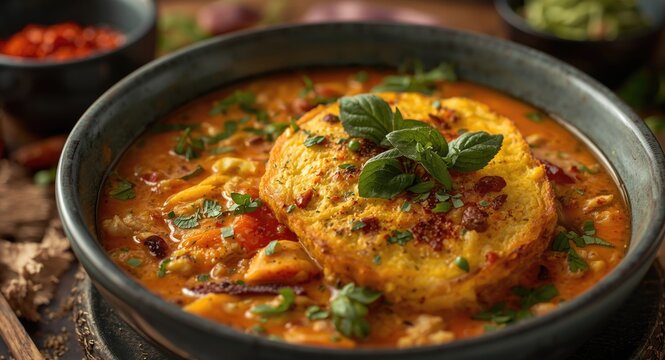 Thai orange curry rich in spices served with crispy cha-om herb omelette