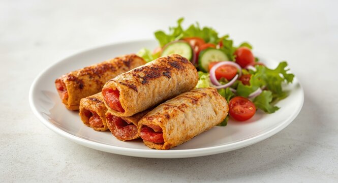 Traditional mici meat rolls grilled and served with fresh salad