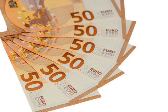 Circular display of 50 Euro notes on white