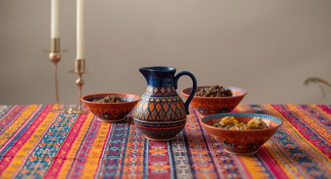 Decorated dining table with Uzbek pilaf bowls and tea pitcher on bright adras fabric setting