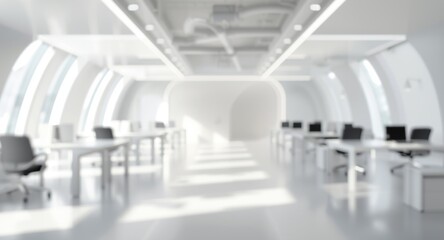 Fototapeta premium Blurred 3D rendering of a white interior modern open workspace with complete furnishings for design background concepts