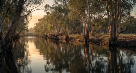 Quiet river scene with eucalyptus tree reflections at dawn