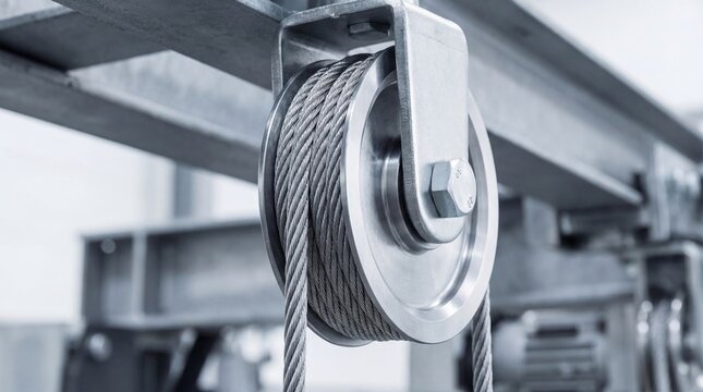 Close up of a steel rope on a pulley with a bolt during industrial manufacturing. Mechanical engineering for hoisting equipment in factory.