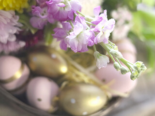 Pastel Easter Eggs Nest With Fresh Flowers