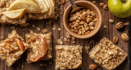 Fototapeta premium Oatmeal breakfast bar with apple and peanut butter cut into serving pieces