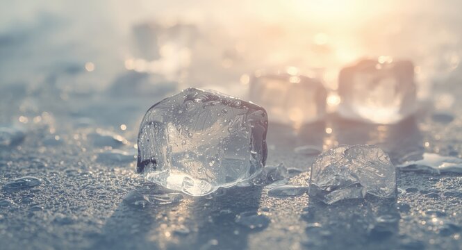Meditation and cold therapy theme with melting ice cubes under sunny light