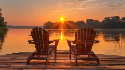 Fototapeta premium Two empty wooden chairs by the lake at sunset convey peace and harmony with nature — an excellent backdrop for tourist offers and meditative practices.