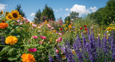 Obraz premium Colorful summer flowers blooming in a vibrant garden