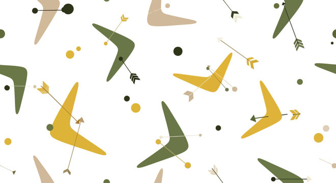 Seamless pattern with bohemian boomerang elements and arrows, retro colors, creative abstract background design