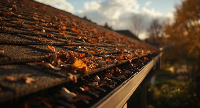 Shingle roof gutter guard compromised by accumulation of autumn leaf debris outdoors