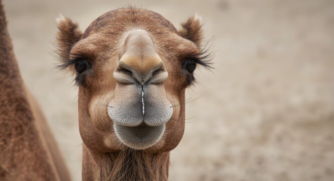 Close view of a camel's face emphasizing its distinctive features