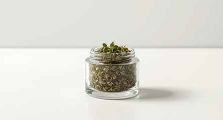 Transparent glass pot for oregano spice without lid branding presentation