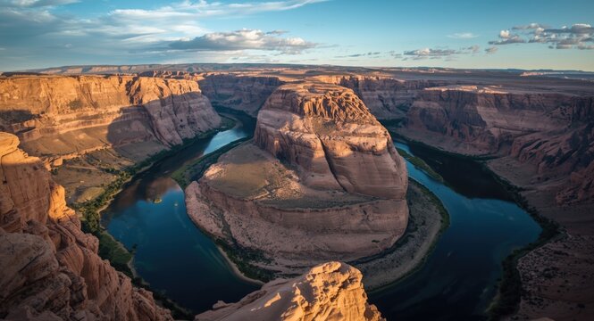 Elevated aerial frame capturing river meanders and surrounding butte formations
