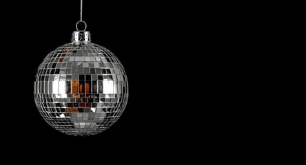 Obraz premium Suspended festive disco ball ornament with shimmering light reflections on deep black background