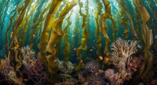Marine species flourishing in tall Macrocystis pyrifera kelp forest with copyspace for text