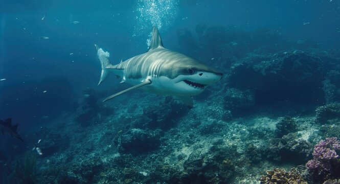Wild great white shark captured mid-swim in diverse marine habitat