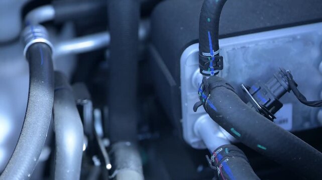 Space near the electric car engine. Under bright studio lights, a detailed view of an automotive engine reveals complex components, showcasing the artistry of modern mechanical design.