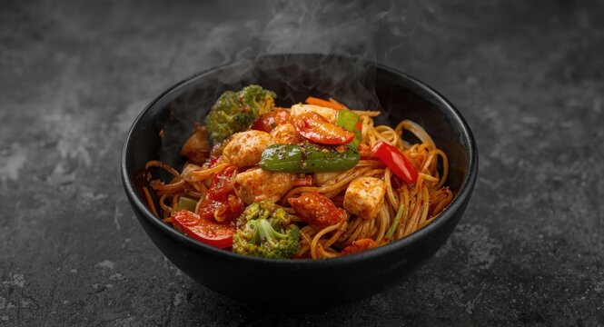 Spicy Chicken Schezwan Noodles served with mixed vegetables in a black bowl on a dark background