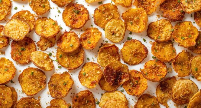 Variety of spicy banana chips with herbal and masala seasoning arranged on white background focusing on texture and color