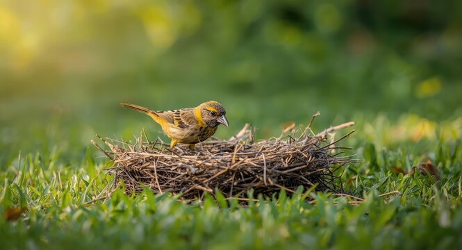 Playful baya weaver pet focused on nest creation surrounded by green lawn in bright summer full length