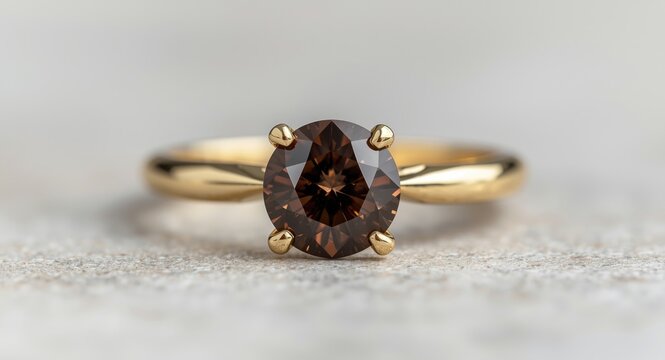Yellow gold four claw solitaire ring featuring a rich chocolate brown diamond centerpiece
