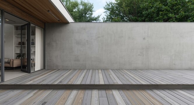 Modern loft terrace design with spacious wooden deck linking living space and garden featuring gray plank flooring and blank concrete wall for copy space