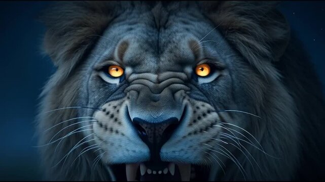 A majestic lion's face close-up with piercing eyes and sharp teeth in a dark environment viewed straight on
