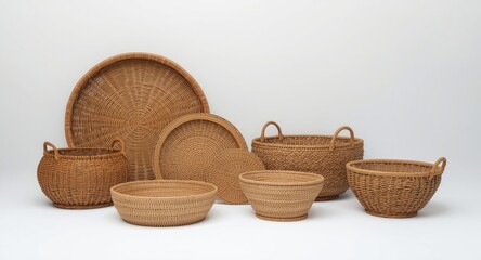 Obraz premium Traditional wicker baskets and bowls neatly showcased on a clean white backdrop
