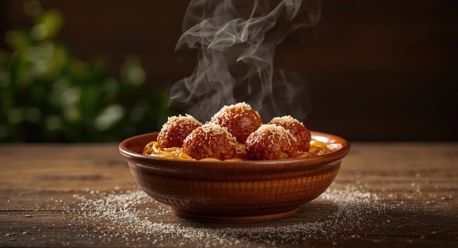 Traditional Italian pasta with spaghetti meatballs and parmesan cheese served in a ceramic bowl isolated