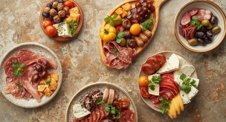 Overhead shot of a Mediterranean charcuterie arrangement with multiple small plates on a natural concrete background