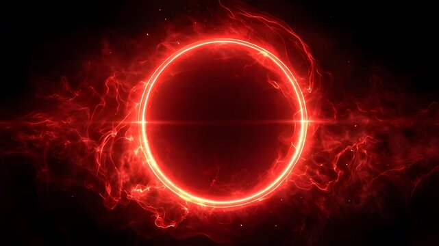 Abstract fiery red energy circle with glowing aura on black background