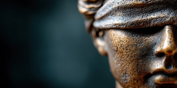 Close up bronze Lady Justice blindfolded face detail, classical symbol of law and judicial authority. Legal justice system concept representing fairness, court power and rule of law
