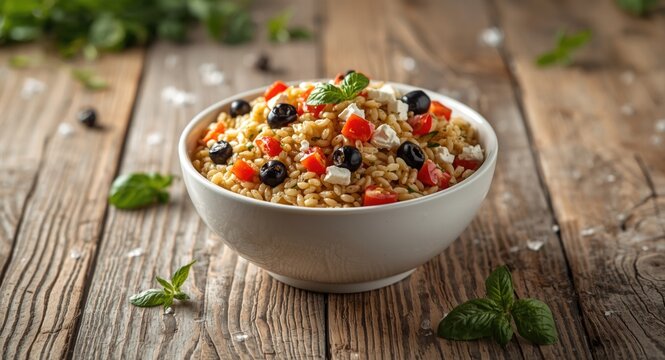 Tasty orzo salad bowl containing feta olives and fresh tomatoes displayed with copy space