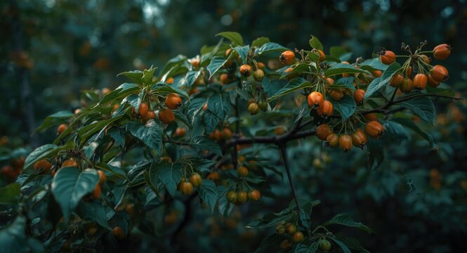 Wild Atropa belladonna shrub displaying toxic fruit clusters