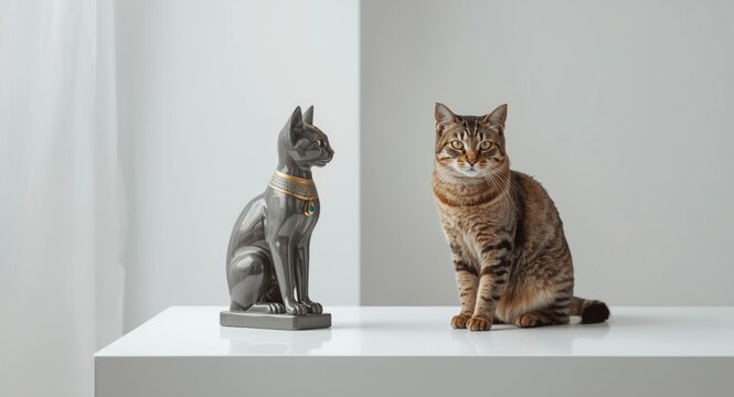 White studio environment featuring an Egyptian cat goddess Bastet figure with a nearby European tabby cat