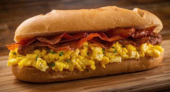 Scrambled egg sausage and bacon in a warm breakfast bread roll