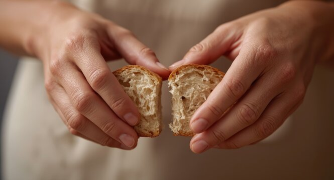 Macro capture of hands breaking bread with a gentle defocused background