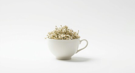 Single herbal teacup filled with natural linden flowers isolated on white