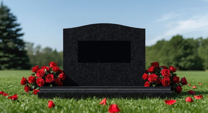 Memorial service held outdoors with red roses and black granite tombstone featuring copy space