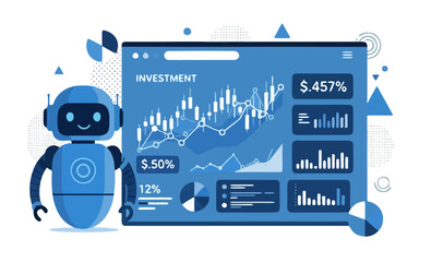 Modern flat vector illustration of AI robo advisor managing digital investment portfolio.