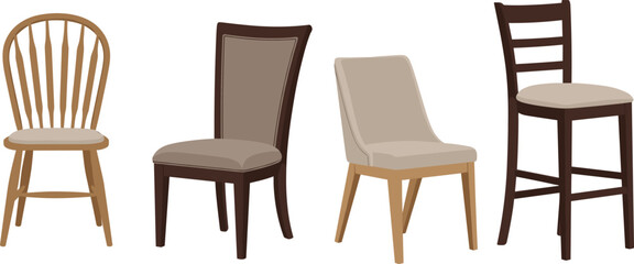 Wooden cushioned chair set, barstool ladder back design, modern light angled legs, classic rounded slats, interior furniture comparison illustration © Hadiul