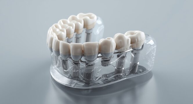Realistic 3D medical illustration of mandibular prosthesis on implant supported All on two system