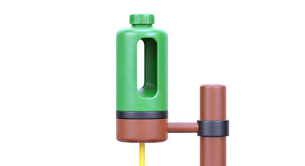 Green watering can with brown base and yellow tube attached to a brown pole